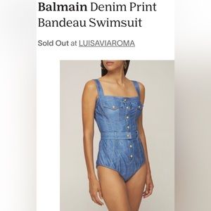 Balmain Blue Denim-Print Bandeau One-Piece Swimsuit